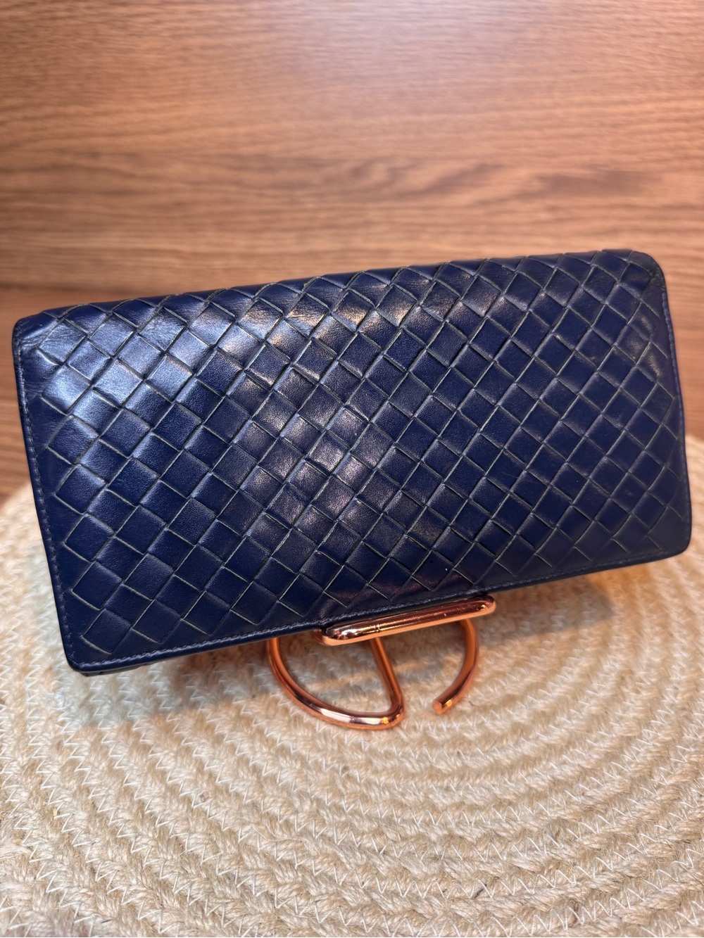 Bottega Veneta Authentic Intrecciato Leather Long Wallet Coin Purse Navy Blue